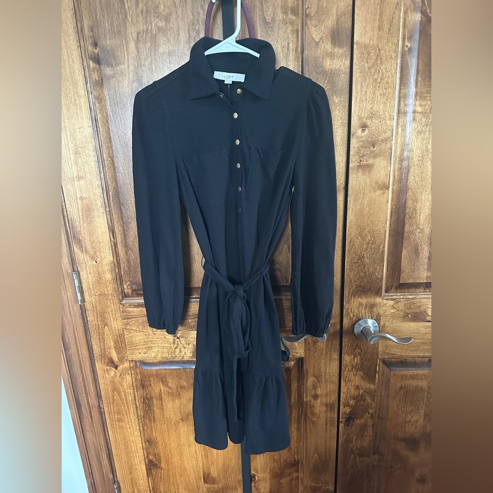 LOFT Black Long Sleeve Button-Front Tie-Waist Shirt Dress